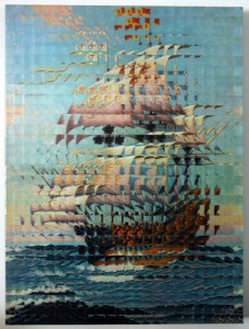 "Ship" by Troy Dugas; vintage prints on wood panel